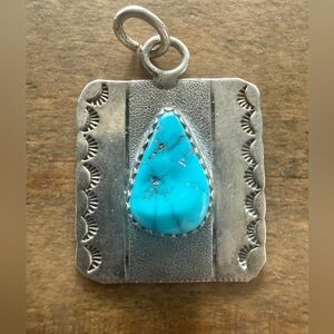 Vintage Native Navajo Turquoise Sterling Silver Pendant Charm Signed BAH